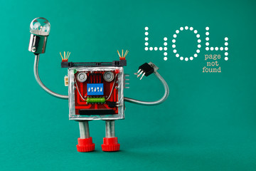 Error 404 page not found page. Robot with light bulb lamp in hand. Fun toy character on green...