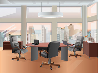 Office interior vector business background, tables chairs, computer desk, desktop, window, city, empty, on the tables with computers.