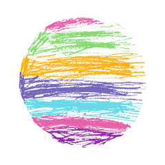 Pencil and crayon like kid`s drawn colorful rainbow circle. Like child`s drawn pastel chalk background. Cute of kid`s like painting sphere. Hand drawing round banner.