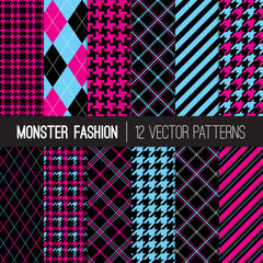 Nineties Grunge Fashion Patterns in Neon Pink, Blue and Black. Preppy Monster Dolls Backgrounds. Fluorescent Colors Houndstooth Tweed, Tartan Plaid, Stripes and Argyle. Pattern Tile Swatches Included.