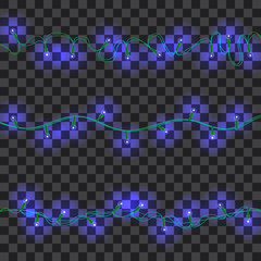 Set of blue shining garland lights with holders isolated on transparent background. Christmas, New Year party decoration realistic design elements. Glowing lights for Xmas. Holiday greeting design.
