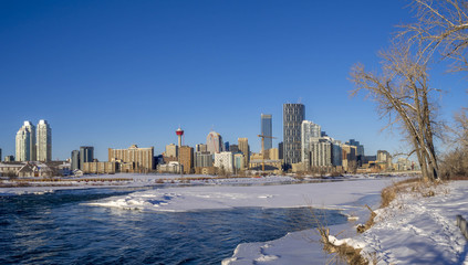 Calgary downtown as viewed from the east on February 11, 2017 in Calgary, Alberta. The iconic...