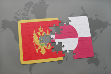 puzzle with the national flag of montenegro and greenland on a world map