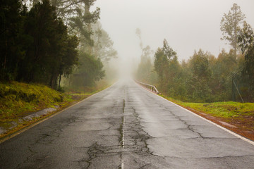 Road in clouds on Teide mountains in Tenerife, Canary Islands