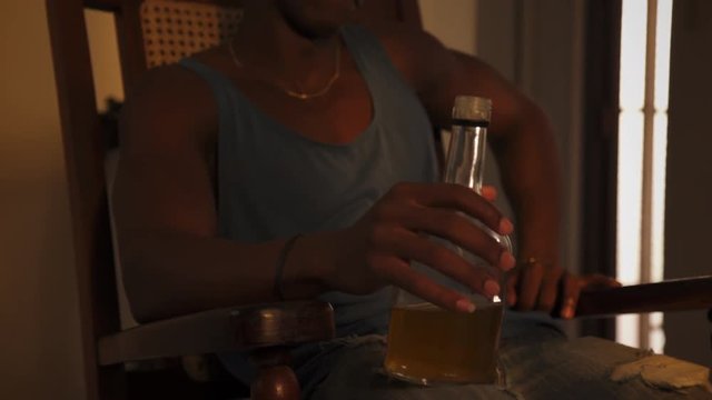 Young Black Man Drinking Alcohol Drunk Husband At Home