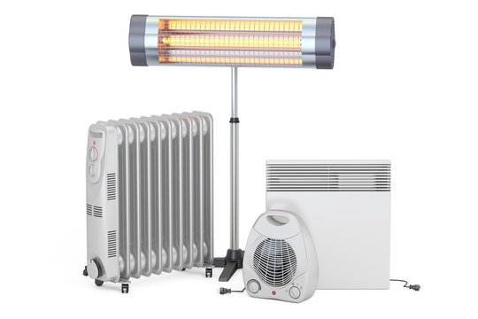 Heating Devices. Convection, Fan, Oil-filled And Infrared Heaters, 3D Rendering