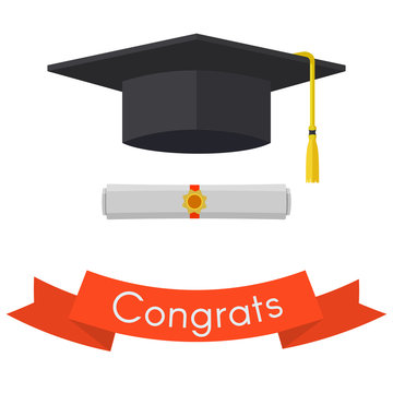 Black graduation cap and diploma. Vintage red ribbon with invitation. Vector flat illustration iIsolated on white background.