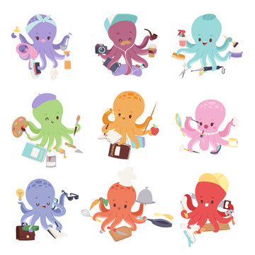 Octopus mollusk ocean coral reef animal character different pose like human and cartoon funny, graphic marine life underwater tentacle vector illustration.