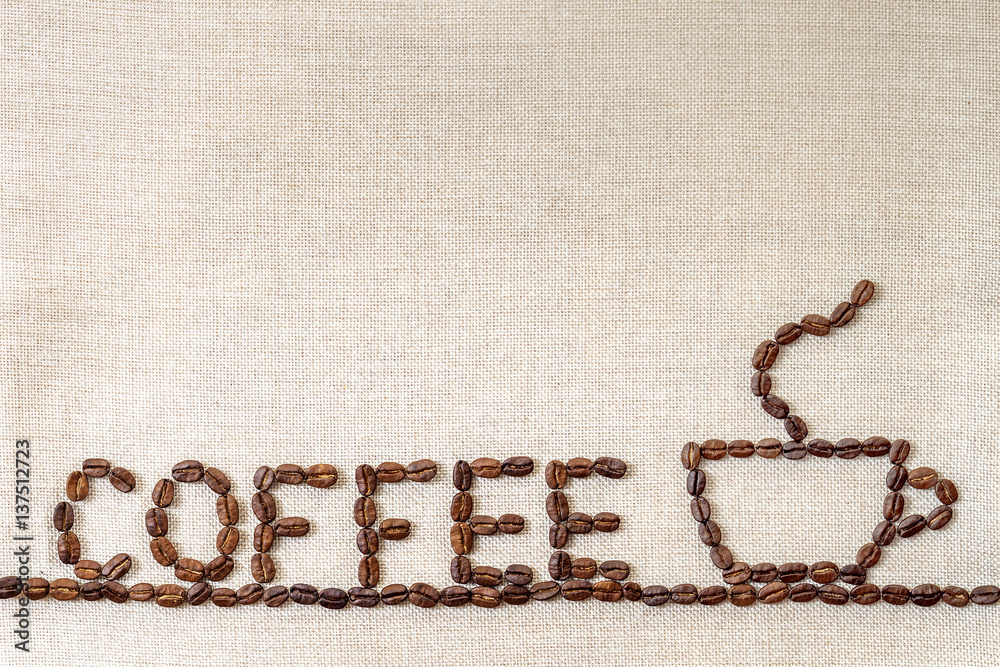 Wall mural Burlap Sackcloth Canvas and Coffee Beans Photo Background. Copy Space. Coffee Border