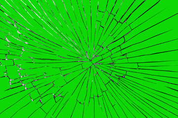 Broken windshield glass on a green screen