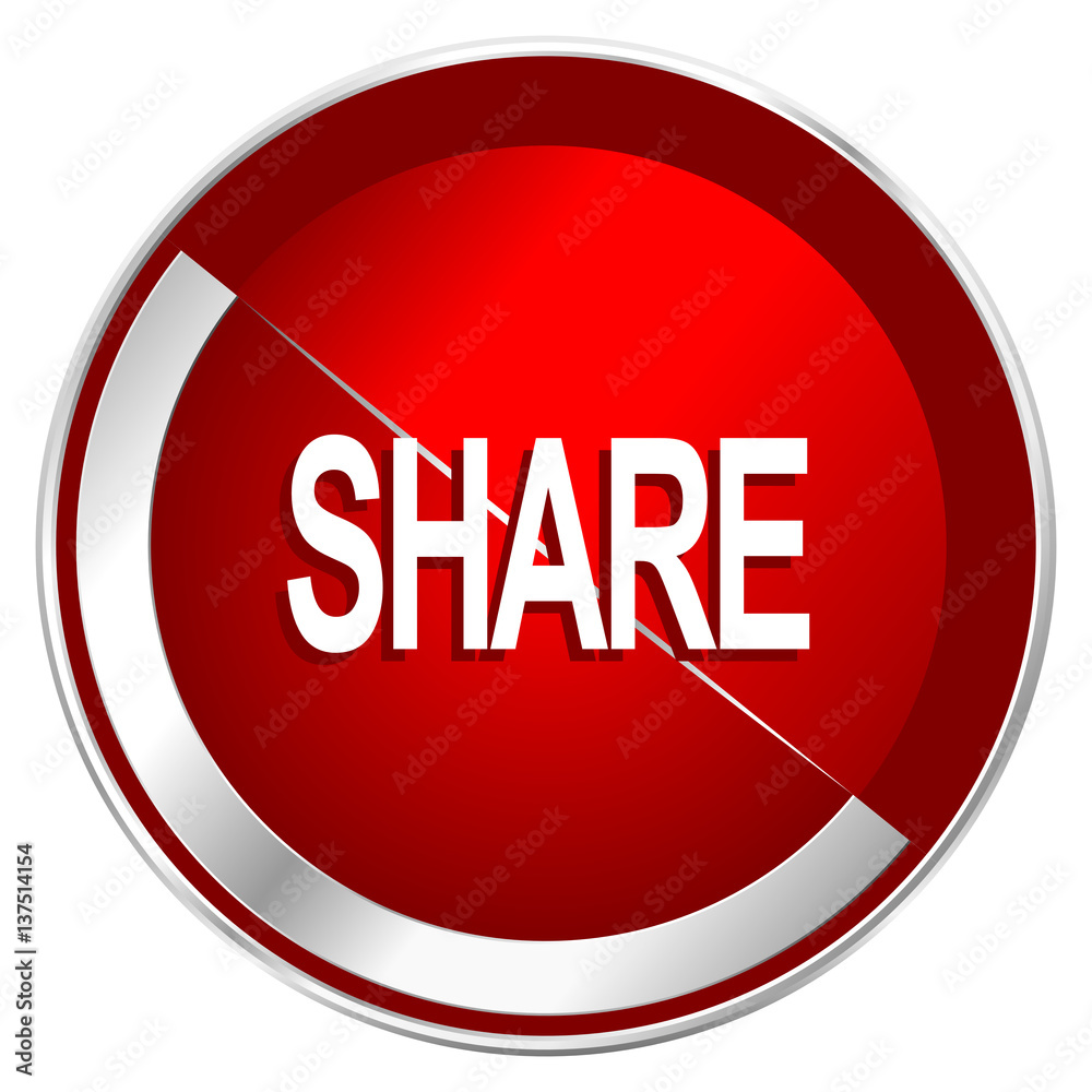 Poster share red web icon. metal shine silver chrome border round button isolated on white background. circ