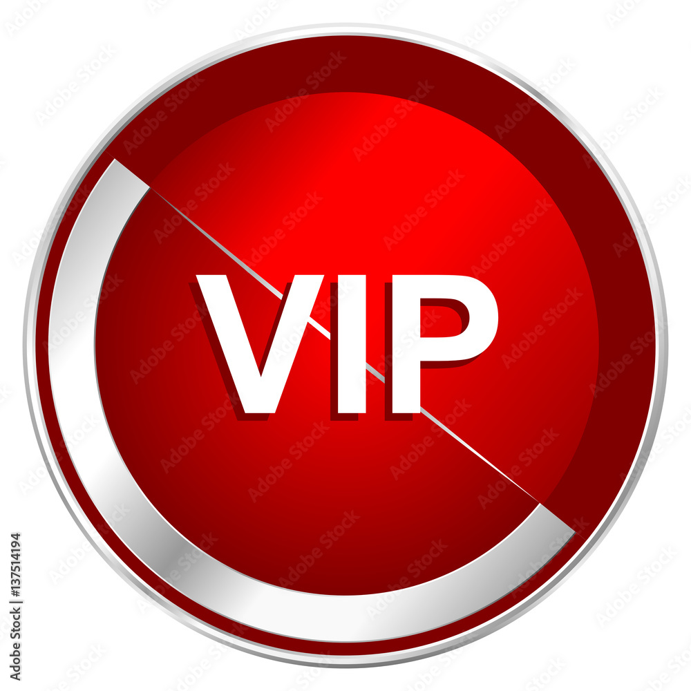 Poster Vip red web icon. Metal shine silver chrome border round button isolated on white background. Circle modern design abstract sign for smartphone applications.