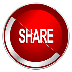 Share red web icon. Metal shine silver chrome border round button isolated on white background. Circle modern design abstract sign for smartphone applications.