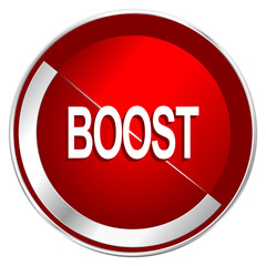 Boost red web icon. Metal shine silver chrome border round button isolated on white background. Circle modern design abstract sign for smartphone applications.