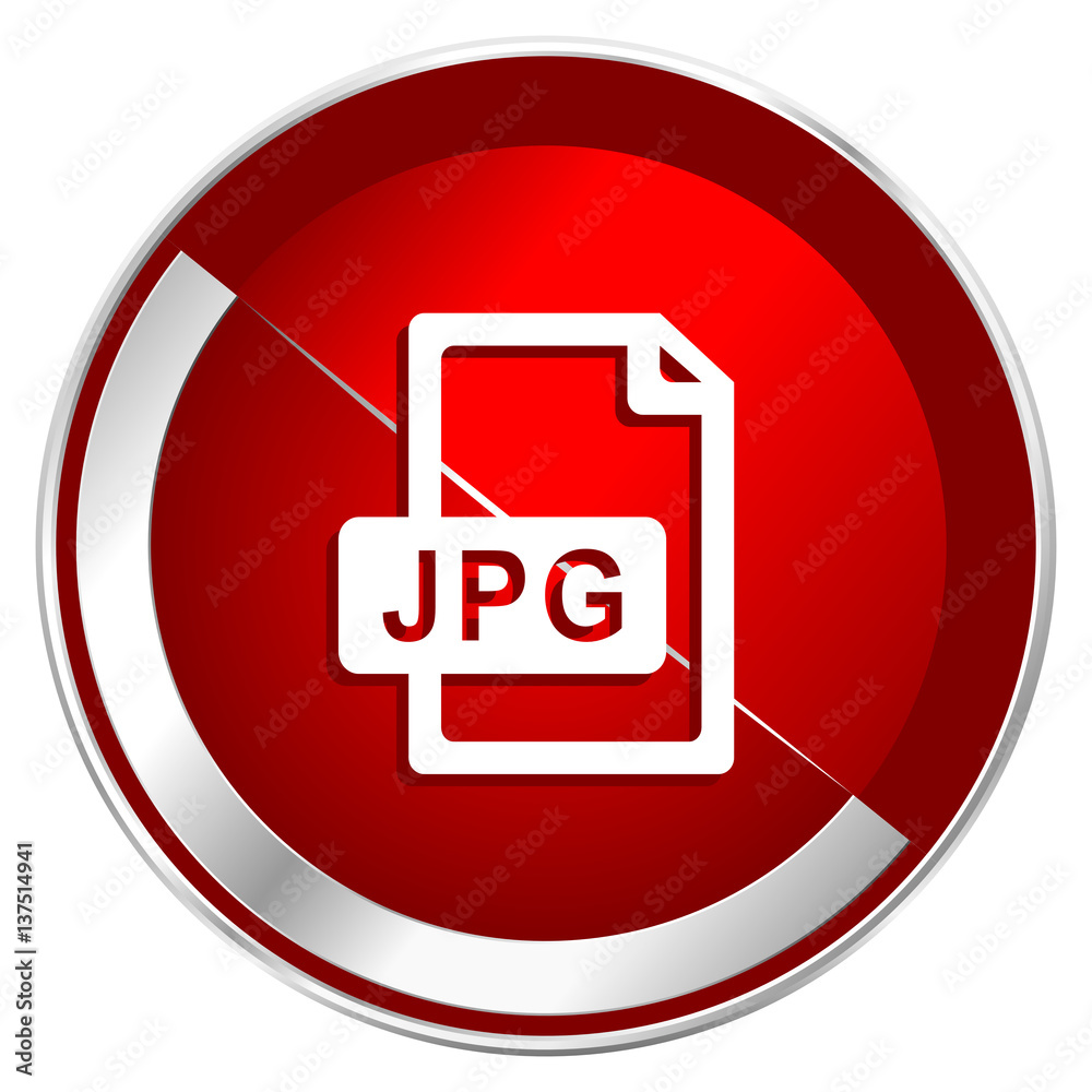Poster jpg file red web icon. metal shine silver chrome border round button isolated on white background. c