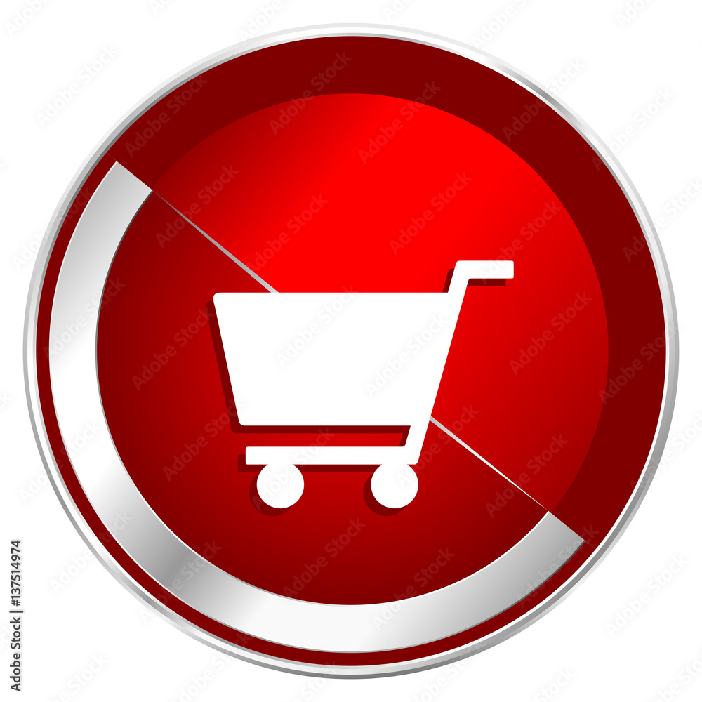 Poster Shopping cart red web icon. Metal shine silver chrome border round button isolated on white background. Circle modern design abstract sign for smartphone applications.