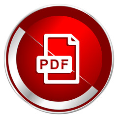 Pdf file red web icon. Metal shine silver chrome border round button isolated on white background. Circle modern design abstract sign for smartphone applications.
