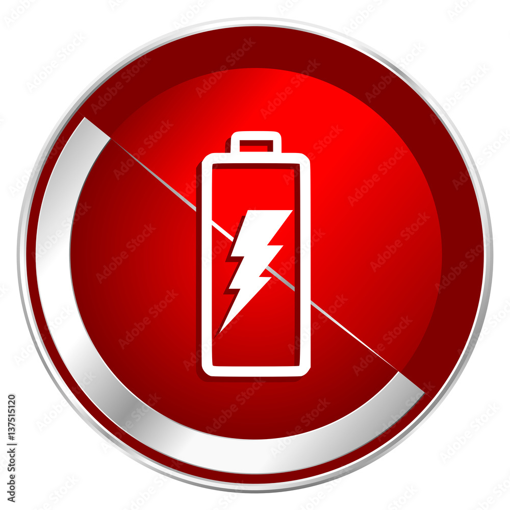 Aufkleber battery red web icon. metal shine silver chrome border round button isolated on white background. ci