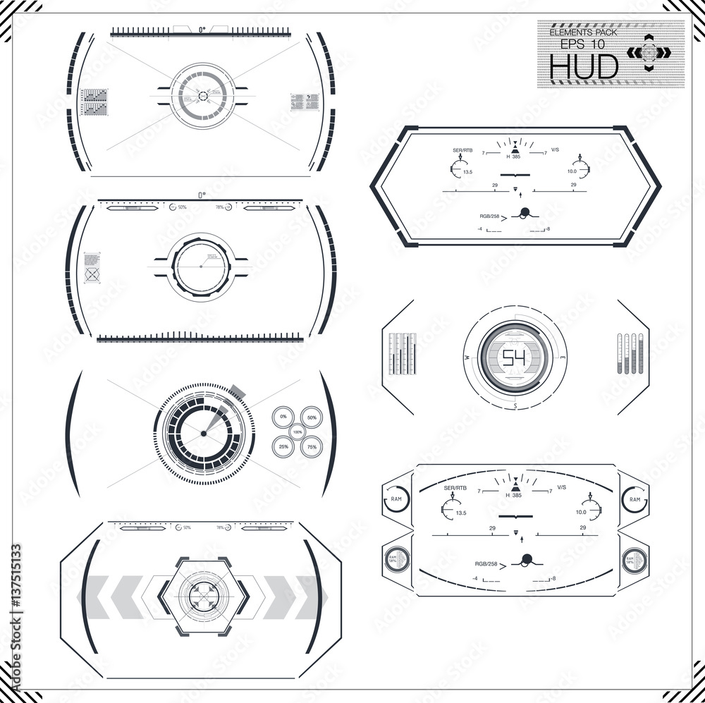 Poster Set of futuristic blue infographics as head-up display. Display navigation elements for the web and app. Futuristic user interface. Virtual graphic. Vector.