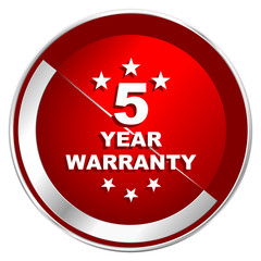 Warranty guarantee 5 year red web icon. Metal shine silver chrome border round button isolated on white background. Circle modern design abstract sign for smartphone applications.