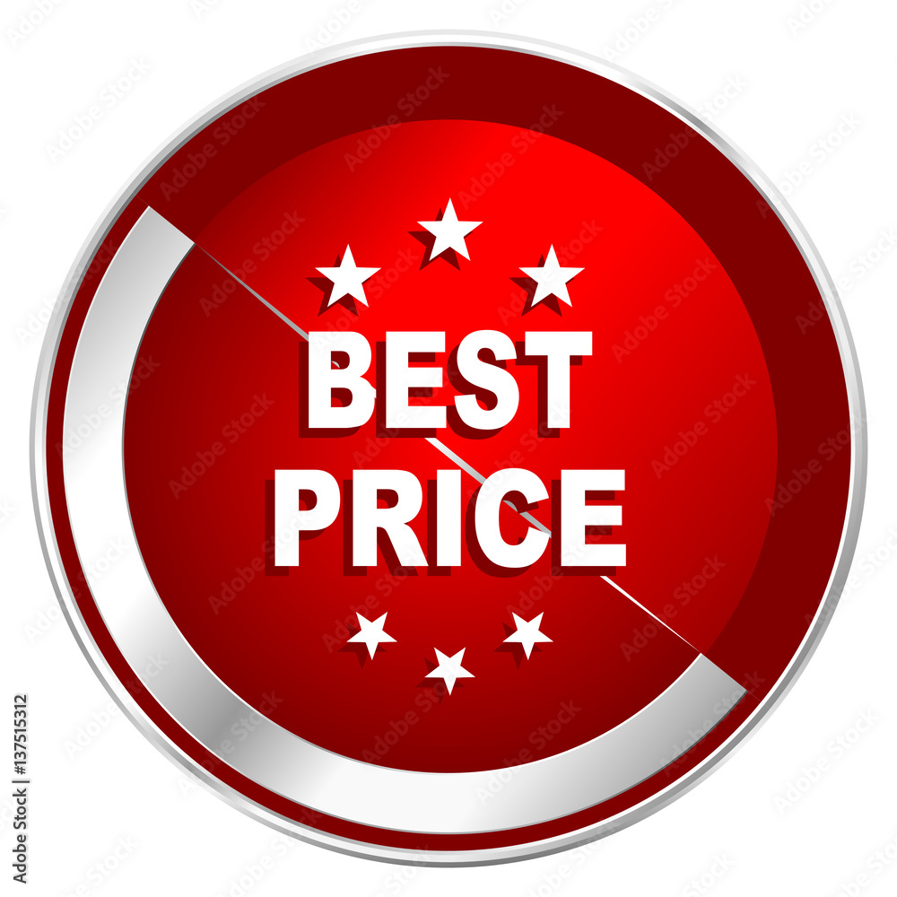 Aufkleber best price red web icon. metal shine silver chrome border round button isolated on white background.