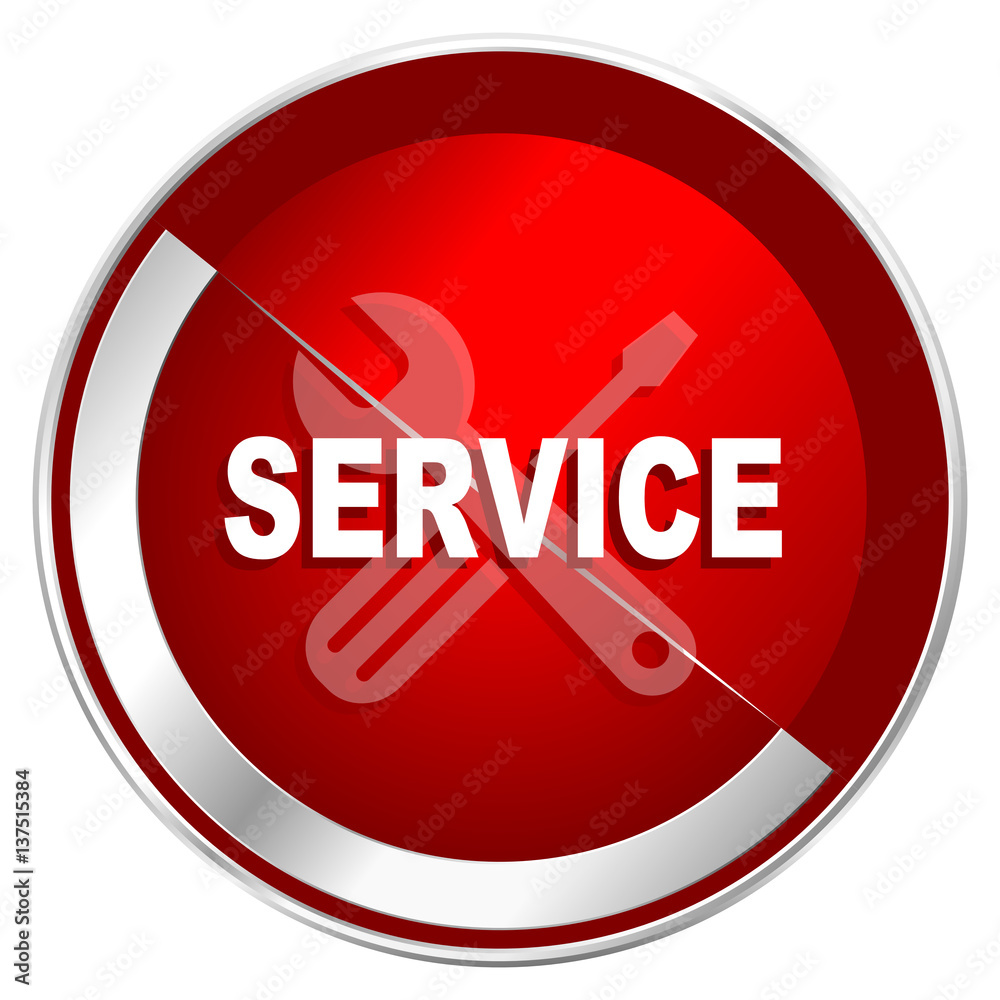 Poster service red web icon. metal shine silver chrome border round button isolated on white background. ci