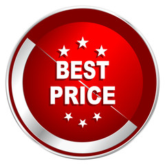 Best price red web icon. Metal shine silver chrome border round button isolated on white background. Circle modern design abstract sign for smartphone applications.