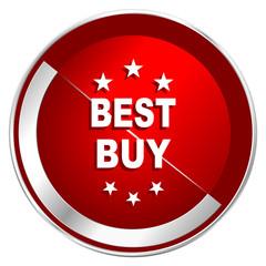 Best buy red web icon. Metal shine silver chrome border round button isolated on white background. Circle modern design abstract sign for smartphone applications.