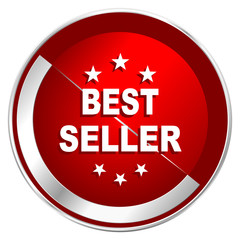 Best seller red web icon. Metal shine silver chrome border round button isolated on white background. Circle modern design abstract sign for smartphone applications.
