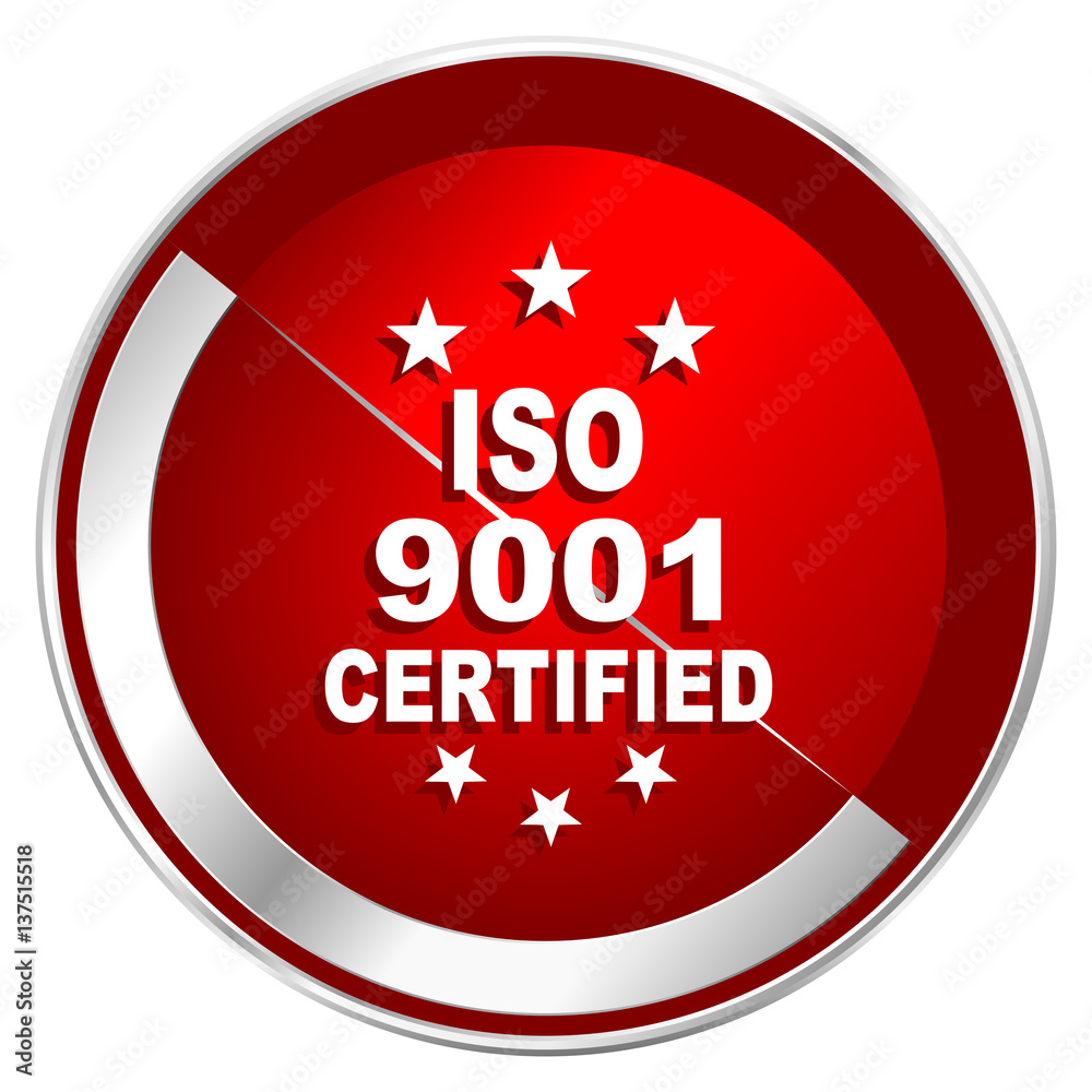 Poster iso 9001 red web icon. metal shine silver chrome border round button isolated on white background. c