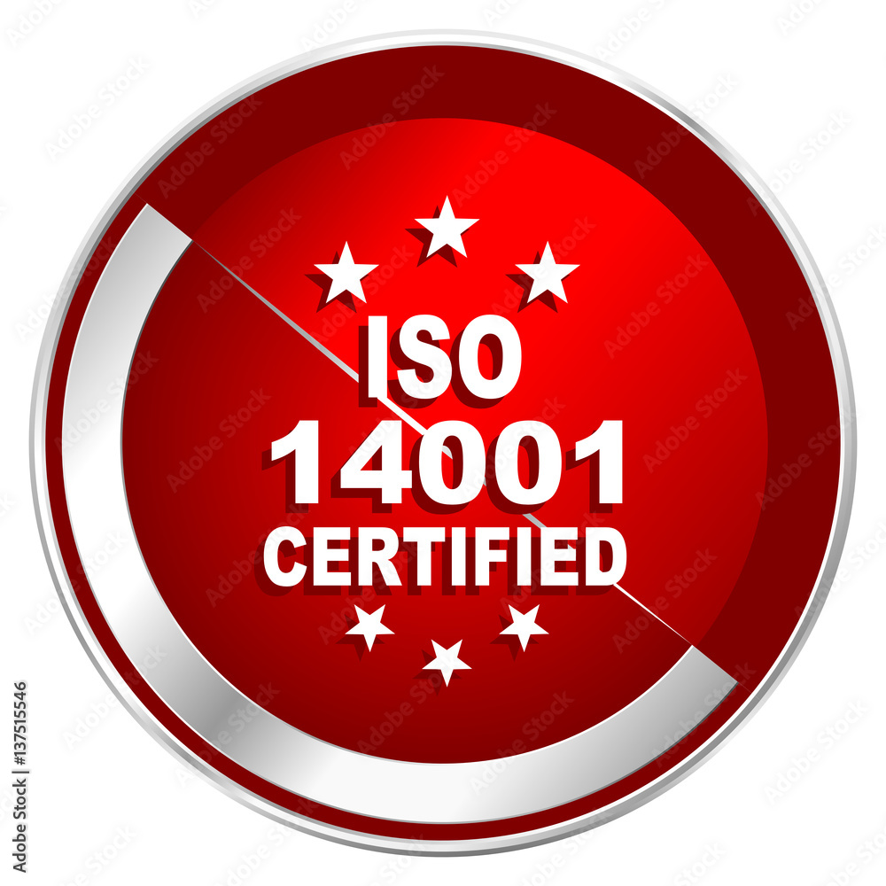 Poster Iso 14001 red web icon. Metal shine silver chrome border round button isolated on white background. Circle modern design abstract sign for smartphone applications.