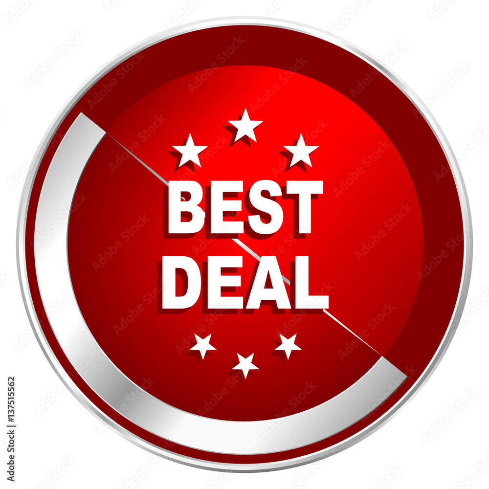 Poster best deal red web icon. metal shine silver chrome border round button isolated on white background. 