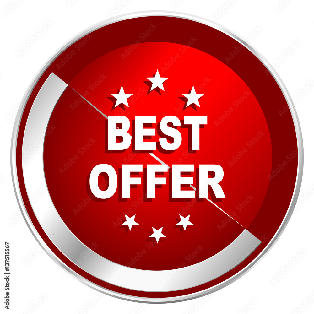 Poster best offer red web icon. metal shine silver chrome border round button isolated on white background.
