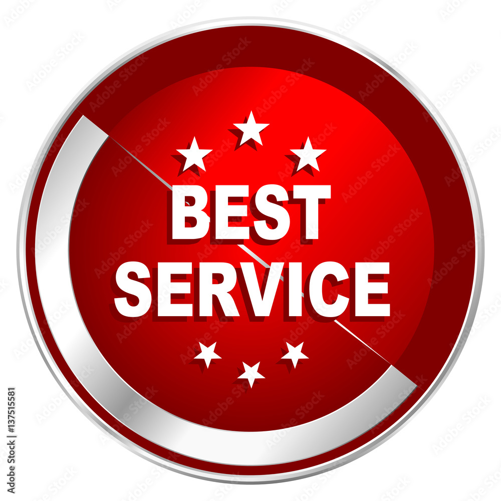 Poster Best service red web icon. Metal shine silver chrome border round button isolated on white background. Circle modern design abstract sign for smartphone applications.