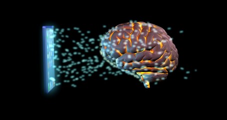 Smart phone,mobile device sending information into glowing brain. 3d render