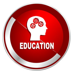 Education red web icon. Metal shine silver chrome border round button isolated on white background. Circle modern design abstract sign for smartphone applications.