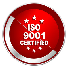Iso 9001 red web icon. Metal shine silver chrome border round button isolated on white background. Circle modern design abstract sign for smartphone applications.