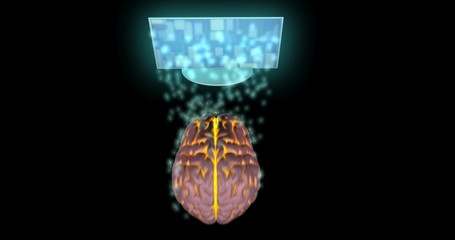 Computer monitor sending information into glowing brain. 3d render