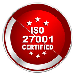 Iso 27001 red web icon. Metal shine silver chrome border round button isolated on white background. Circle modern design abstract sign for smartphone applications.