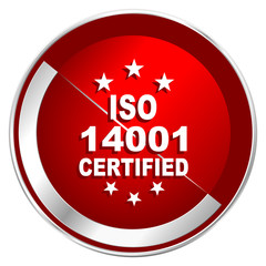 Iso 14001 red web icon. Metal shine silver chrome border round button isolated on white background. Circle modern design abstract sign for smartphone applications.