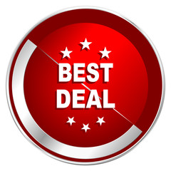 Best deal red web icon. Metal shine silver chrome border round button isolated on white background. Circle modern design abstract sign for smartphone applications.