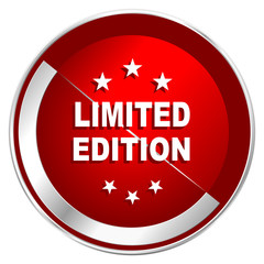 Limited edition red web icon. Metal shine silver chrome border round button isolated on white background. Circle modern design abstract sign for smartphone applications.