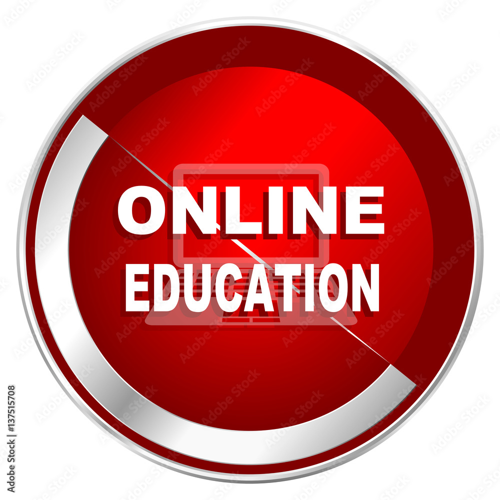 Poster online education red web icon. metal shine silver chrome border round button isolated on white backg