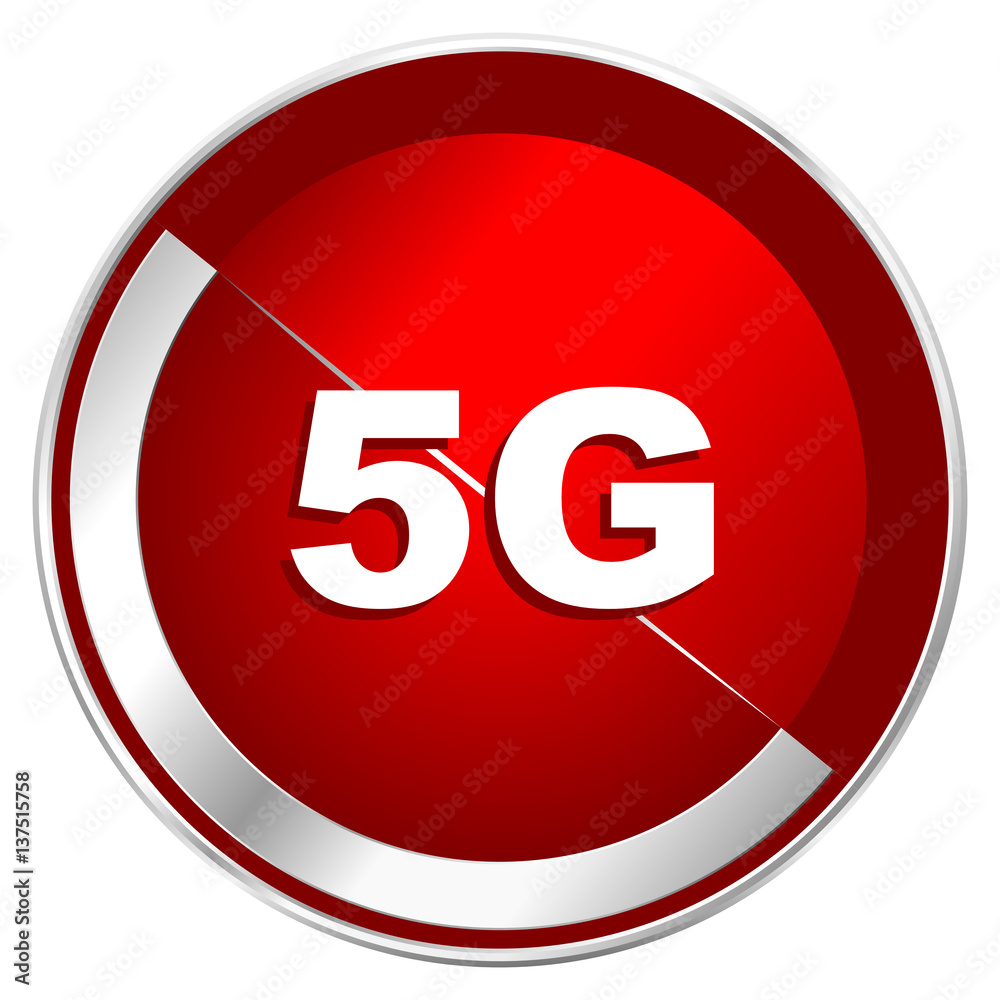 Aufkleber 5g red web icon. metal shine silver chrome border round button isolated on white background. circle 