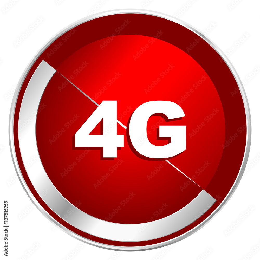 Poster 4g red web icon. metal shine silver chrome border round button isolated on white background. circle 