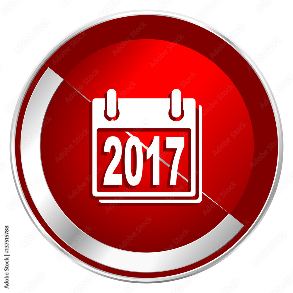 Poster New year 2017 red web icon. Metal shine silver chrome border round button isolated on white background. Circle modern design abstract sign for smartphone applications.