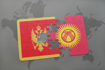 puzzle with the national flag of montenegro and kyrgyzstan on a world map