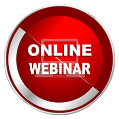 Online webinar red web icon. Metal shine silver chrome border round button isolated on white background. Circle modern design abstract sign for smartphone applications.
