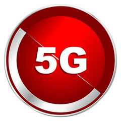 5g red web icon. Metal shine silver chrome border round button isolated on white background. Circle modern design abstract sign for smartphone applications.