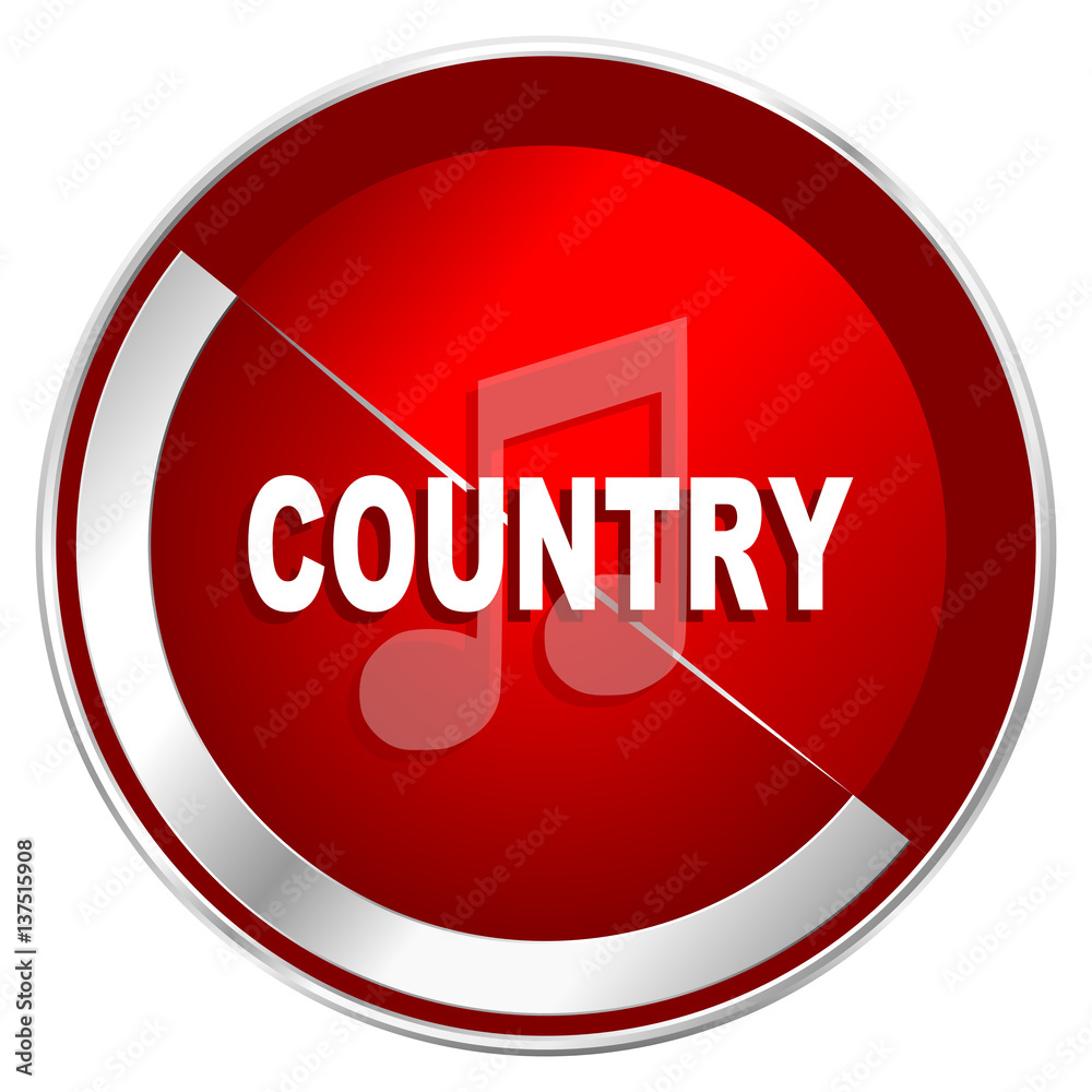 Poster music country red web icon. metal shine silver chrome border round button isolated on white backgrou